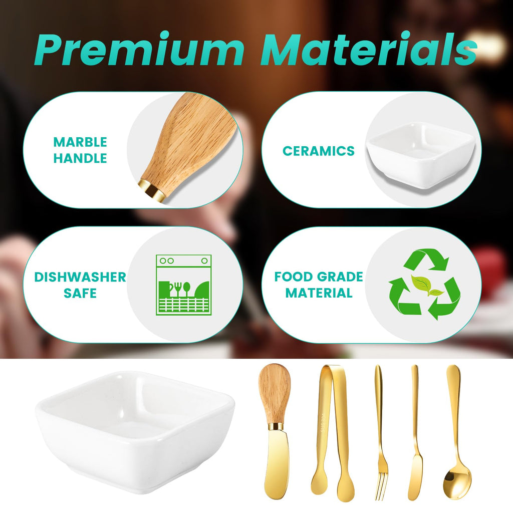 Charcuterie Board Accessories With 3 Oz Ceramic Dip Bowls, Wooden Handle Gold Cheese Spreader Butter Knive Set Kit, Mini Tongs, Spoons, Forks,Honey Dipper, Cocktail Picks