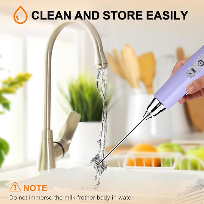 YUSWKO Handheld Milk Frother Wand for Coffee, Rechargeable Electric Whisk with 3 Heads 3 Speeds Drink Mixer Coffee Frother For Latte, Cappuccino, Hot Chocolate, Egg, Light Purple with Holder