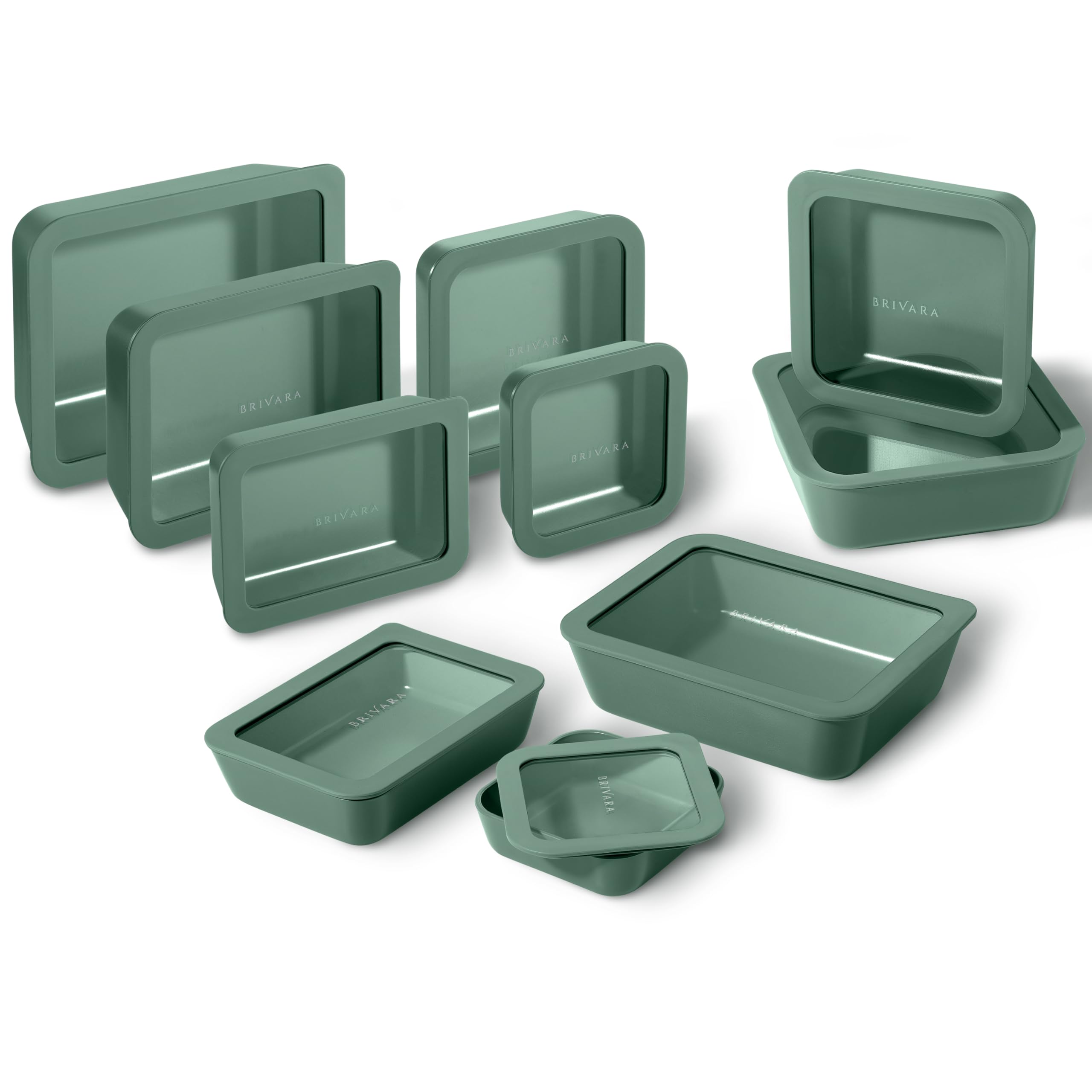 BRIVARA HOME 20-Piece Glass Food Storage Containers Set with Lids (10 Containers + 10 Lids) | Microwave-Safe Airtight Seal, Oven-Safe Ceramic-Coated Glass | Zero Plastic, No PFAS/PFOA/BPA [Pine]