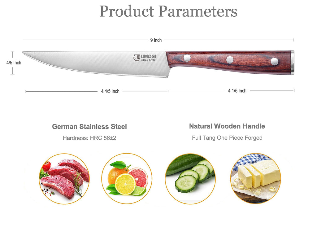 UMOGI Premium Steak Knives Set of 6 in Gift Box - Polished Wood Handle, HC German Stainless Steel, Straight Edge Non Serrated - 4.8''Dinner Knife, Kitchen Tableware Knives Cutlery Set