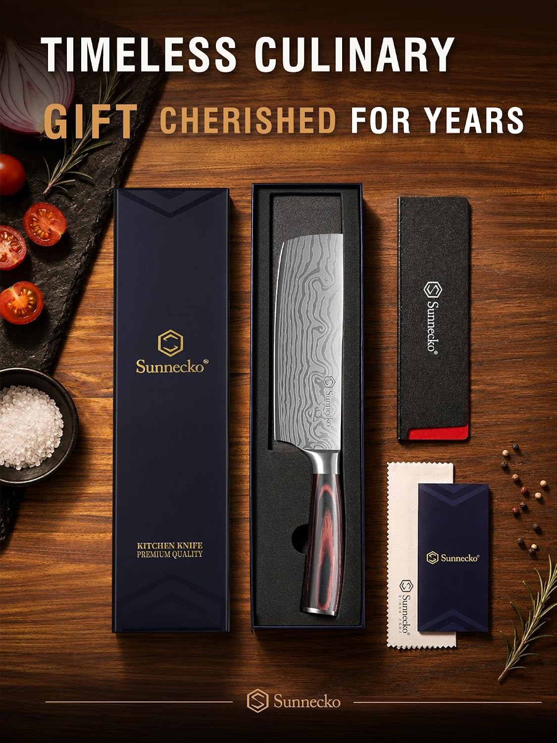 Sunnecko Nakiri Knife - 11.5" Kitchen Knife for Meat Cleaver and Vegetable Chopping, 12° Edge Razor Sharp High Carbon Stainless Steel Asian Chef Knife with Sheath, Kitchen Gift for Home Cooks Men