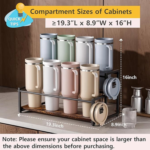 2-Tier Stanley Cup Holder for 8 Tumblers, Lid Organizer, Natural Wood