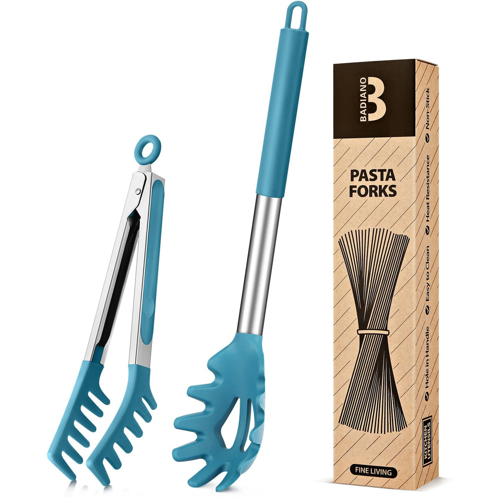 Silicone Spaghetti Spoon & Pasta Tong, Non-Stick Stainless Steel Handle Pasta Fork Set with Teeth, Food Clip for Easy Serving of Noodles (Khaki)