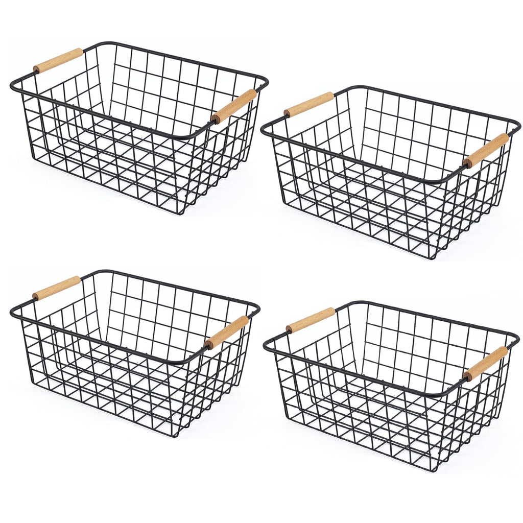 Black 2PCS Wire Storage Baskets with Wooden Handles for Pantry Organizer