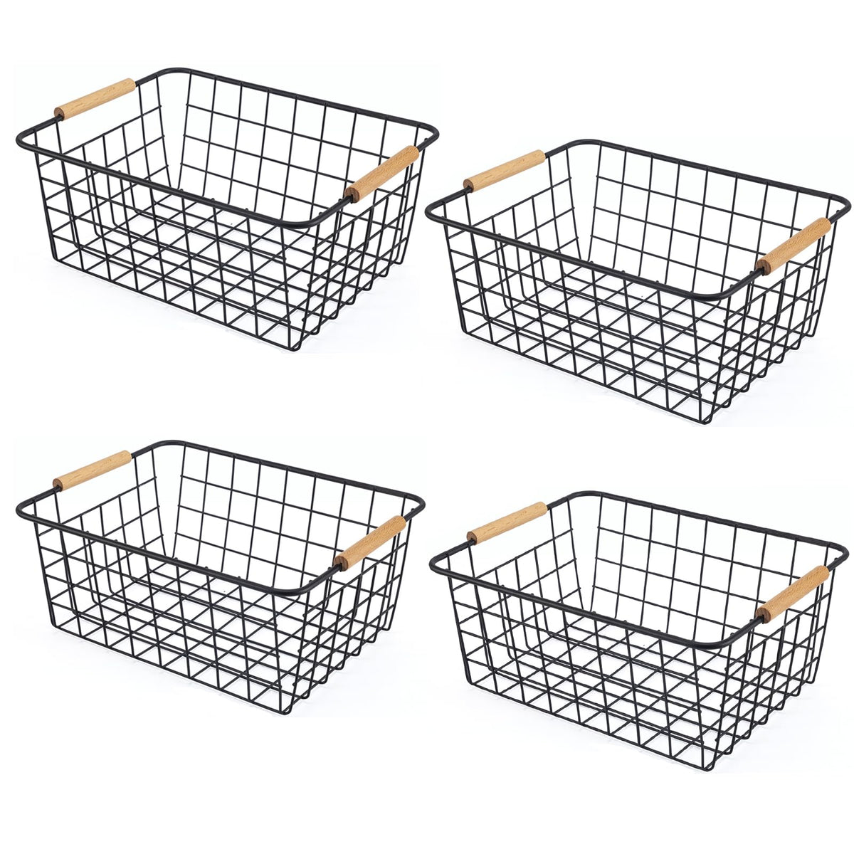 Black 2PCS Wire Storage Baskets with Wooden Handles for Pantry Organizer