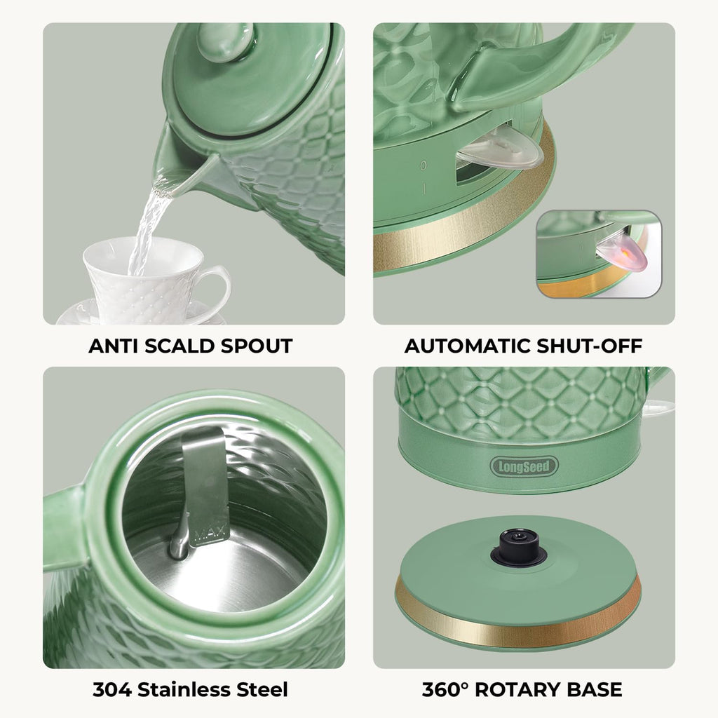 LONGSEED 1.5L Ceramic Electric Kettle, 1200W Fast Boil Retro Tea Pot with LED Light, BPA-Free Porcelain Cordless Water Boiler, Auto Shut-Off & Boil-Dry Protection, Green Relief Carving