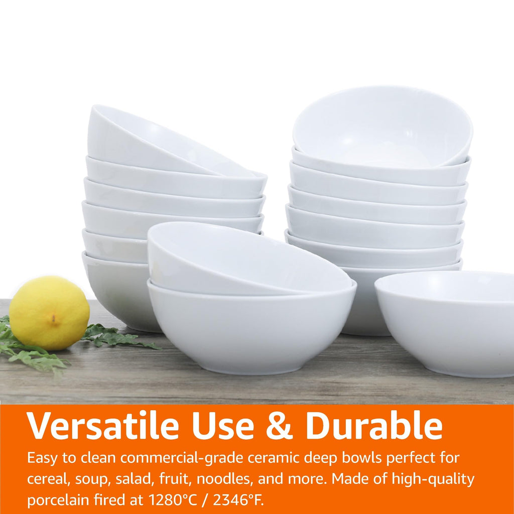 Amazon Basics 16-Pack White Porcelain Coupe Soup Bowl, 5.9" Diameter, Round, Microwave-Safe, Commercial-Grade