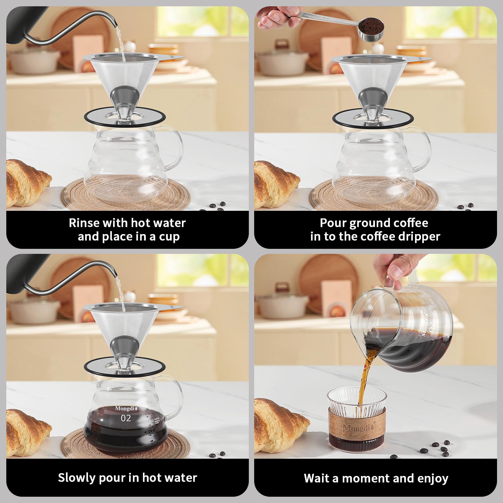 Mongdio Pour Over Coffee Dripper, Stainless Steel Coffee Dripper, Reusable Metal Coffee Filter, Double Mesh Design of Pour Over Coffee Maker with Removable Base, 1-2 Cups