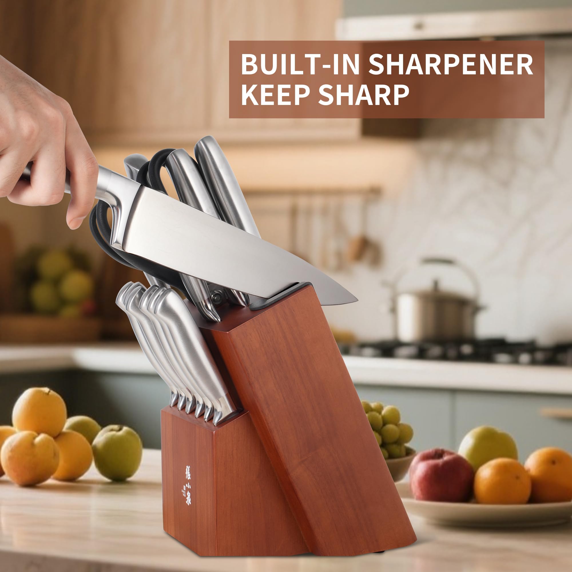 ZHANG XIAO QUAN Knife Set with Block, High Carbon Stainless Steel Sharp Blades, Built-in Sharpener Kitchen Knife Block Set for Home Cooking