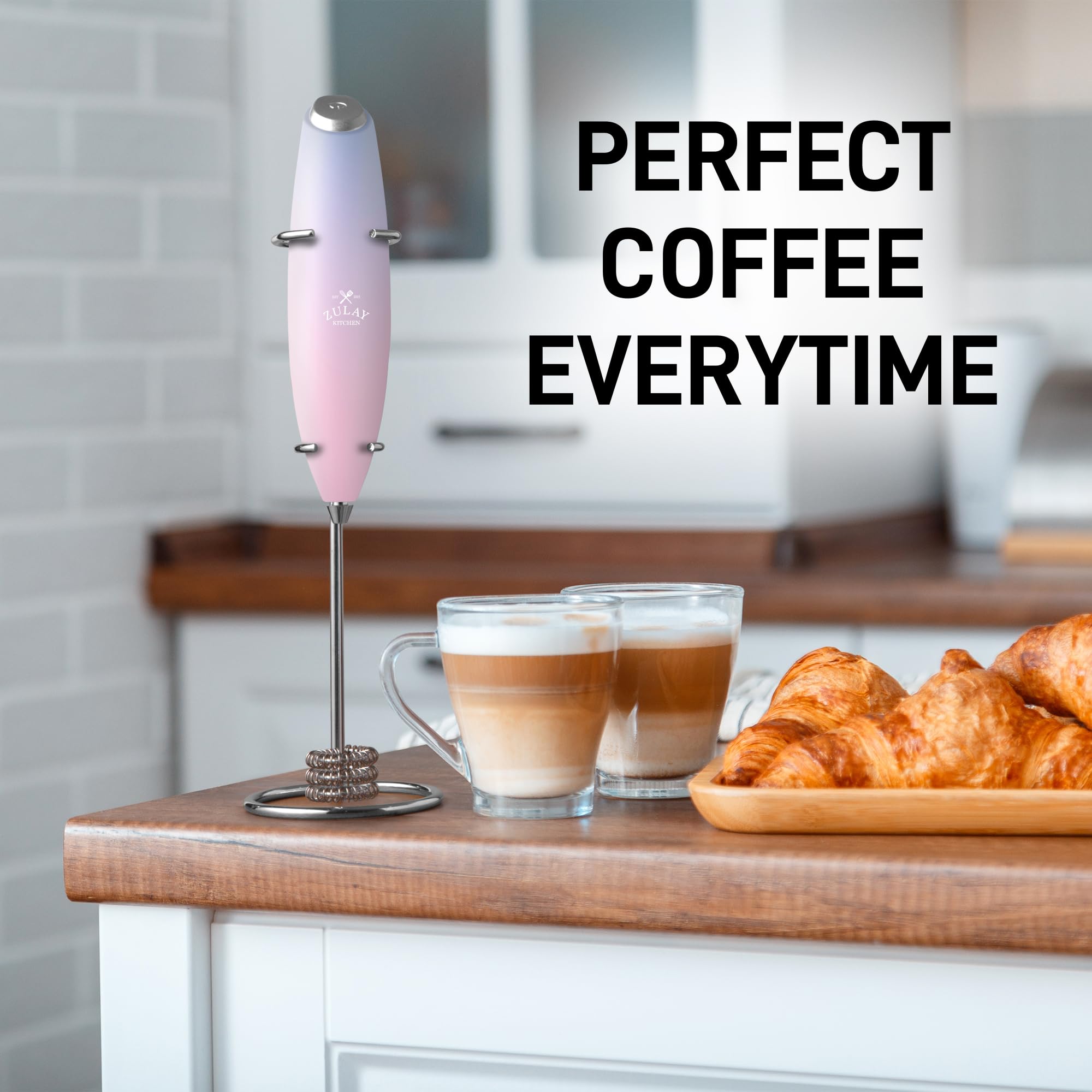 Zulay Kitchen Powerful Milk Frother Wand With Duracell Batteries - Ultra Fast Handheld Drink Mixer - Electric Whisk Foam Maker for Coffee, Lattes, Cappuccino & Matcha - Triple Whisk - Orchid Bloom