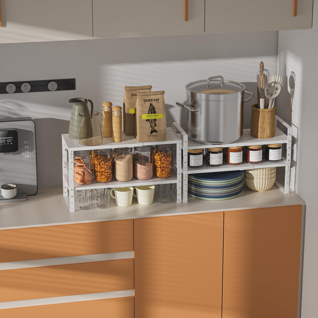 Wobmmi Expandable,Adjustable & Stackable Spice Rack, Cabinet Kitchen Countertop Shelf Organizer,Metal Pantry Storage Shelves - Space-Saving Storage Solution(2Packs/White/Medium)