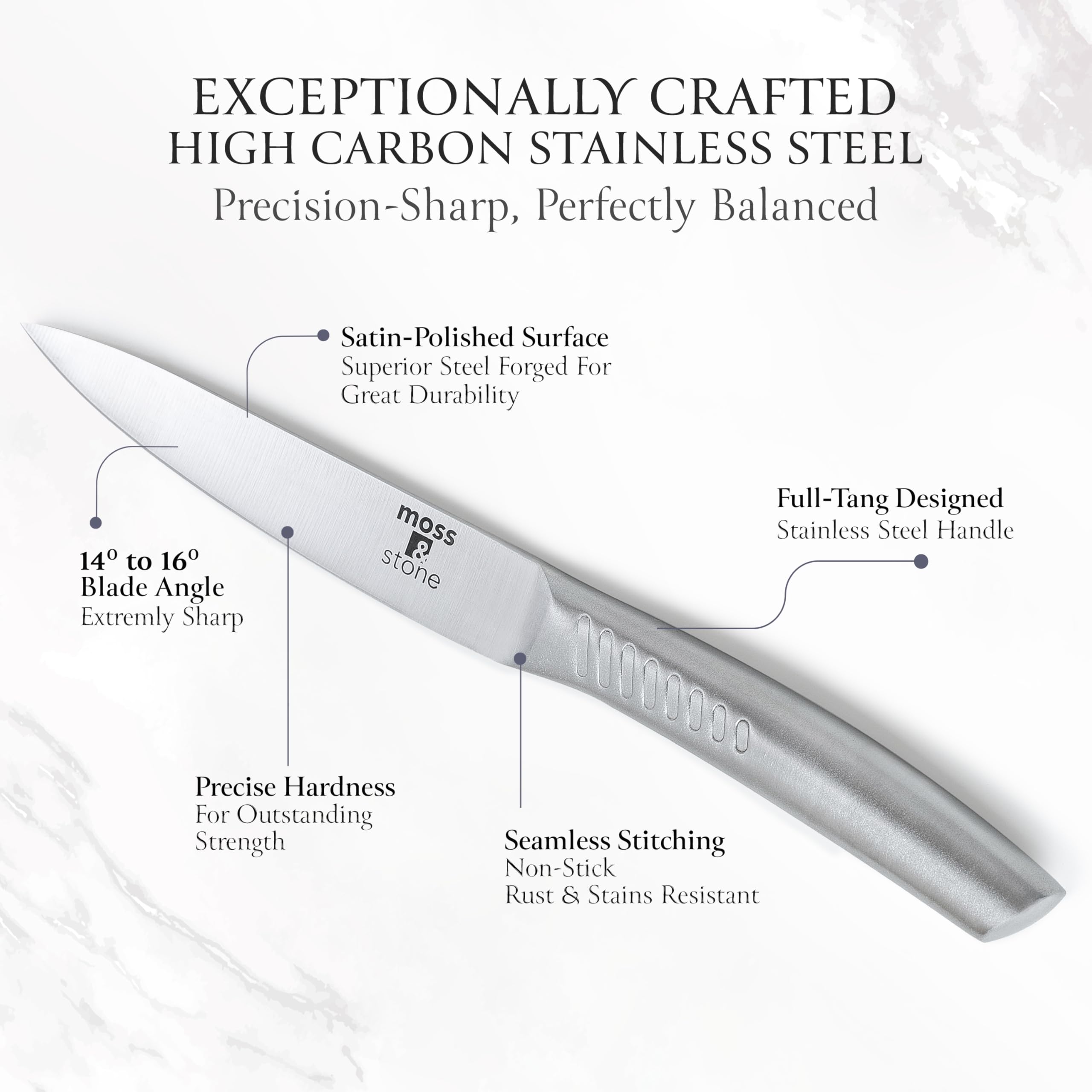 Moss & Stone Small 6 Pcs Kitchen Knife Set with Block, Stainless Steel