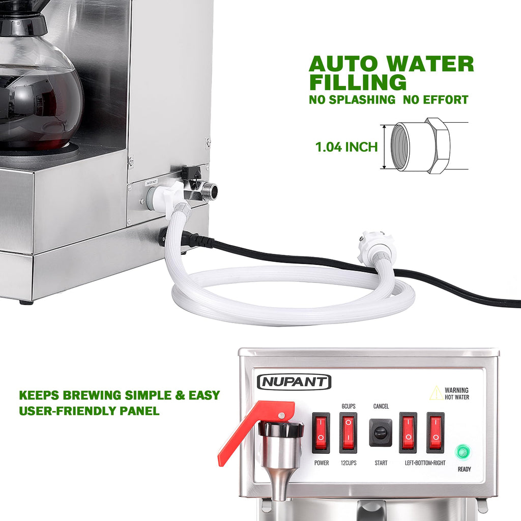 NUPANT 12 Cup Commercial Coffee Maker Auto Filling Drip Coffee Machine with 3 Carafes 3 Warmers, Filters, Stainless Steel Pour Over Coffee Brewer with Hot Water Dispenser for Restaurant Office Cafe