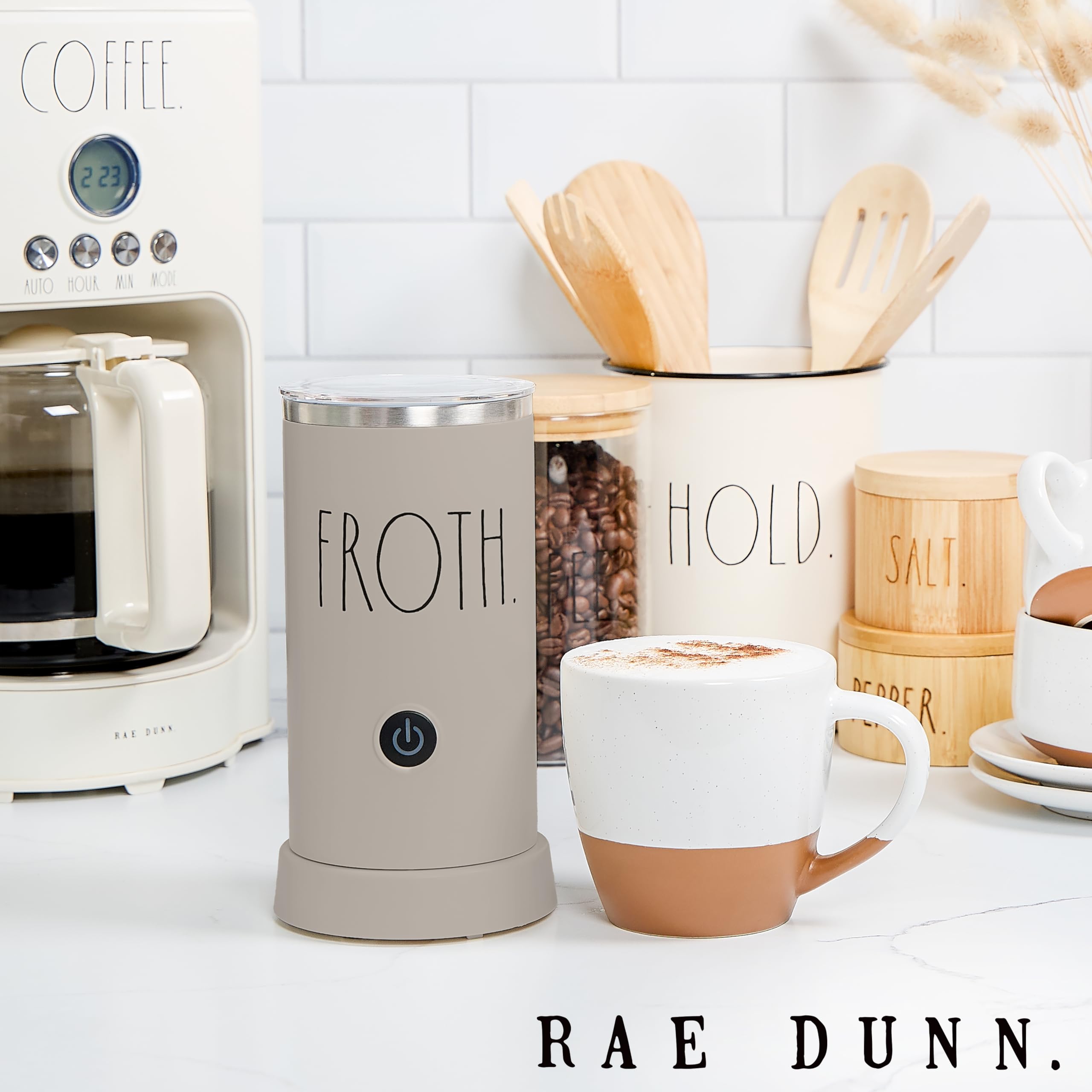 Rae Dunn Electric Milk Frother Steamer -Stylish Automatic Milk Steamer and Frother, Milk Warmer, Hot and Cold Foam Maker for Coffee, Latte, Cappuccino, Macchiato - 550 Watt (Sand)
