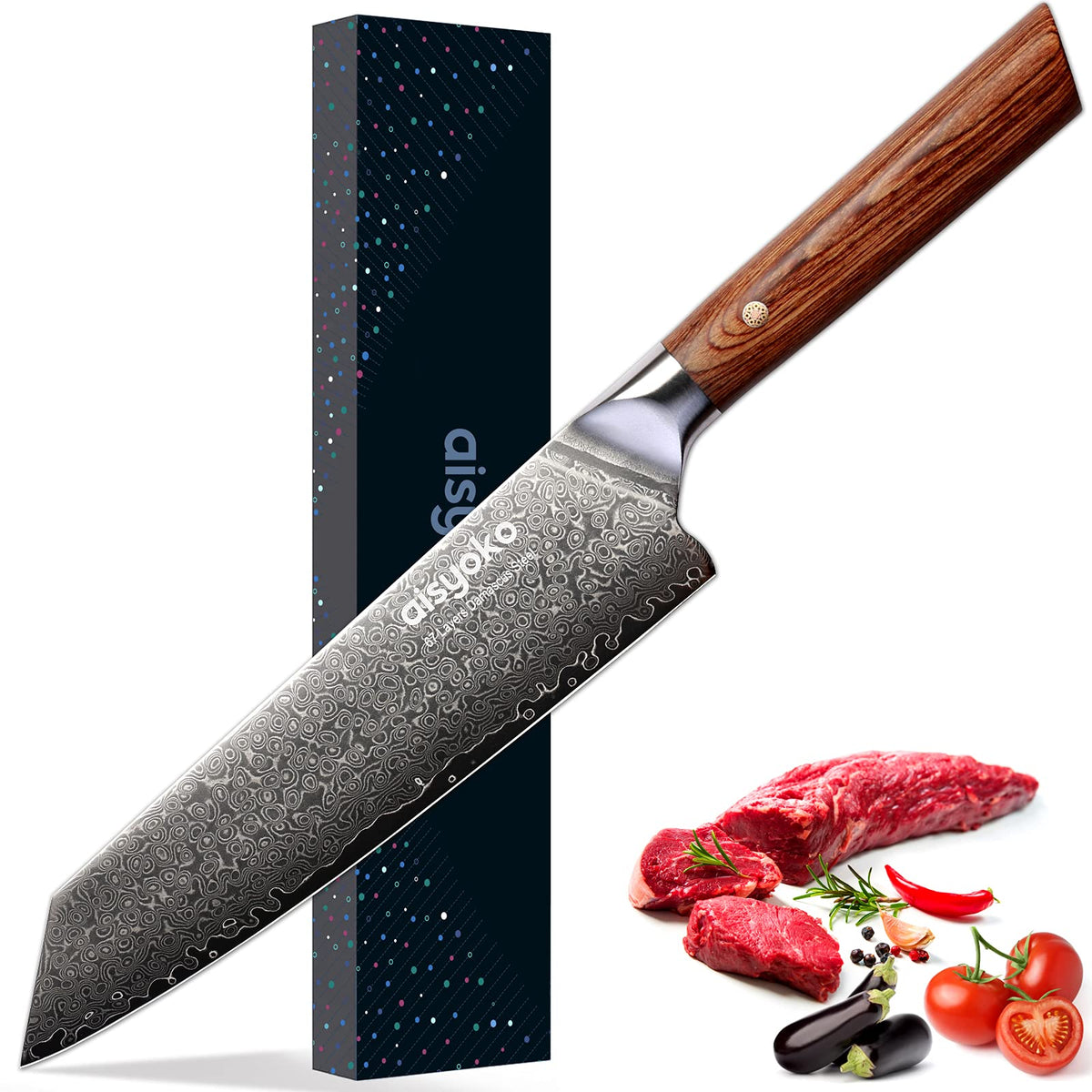 aisyoko Damascus chef knife 8-inch sharp kitchen knife Japan VG-10 stainless steel ergonomic color wooden handle luxury gift box - with scabbard