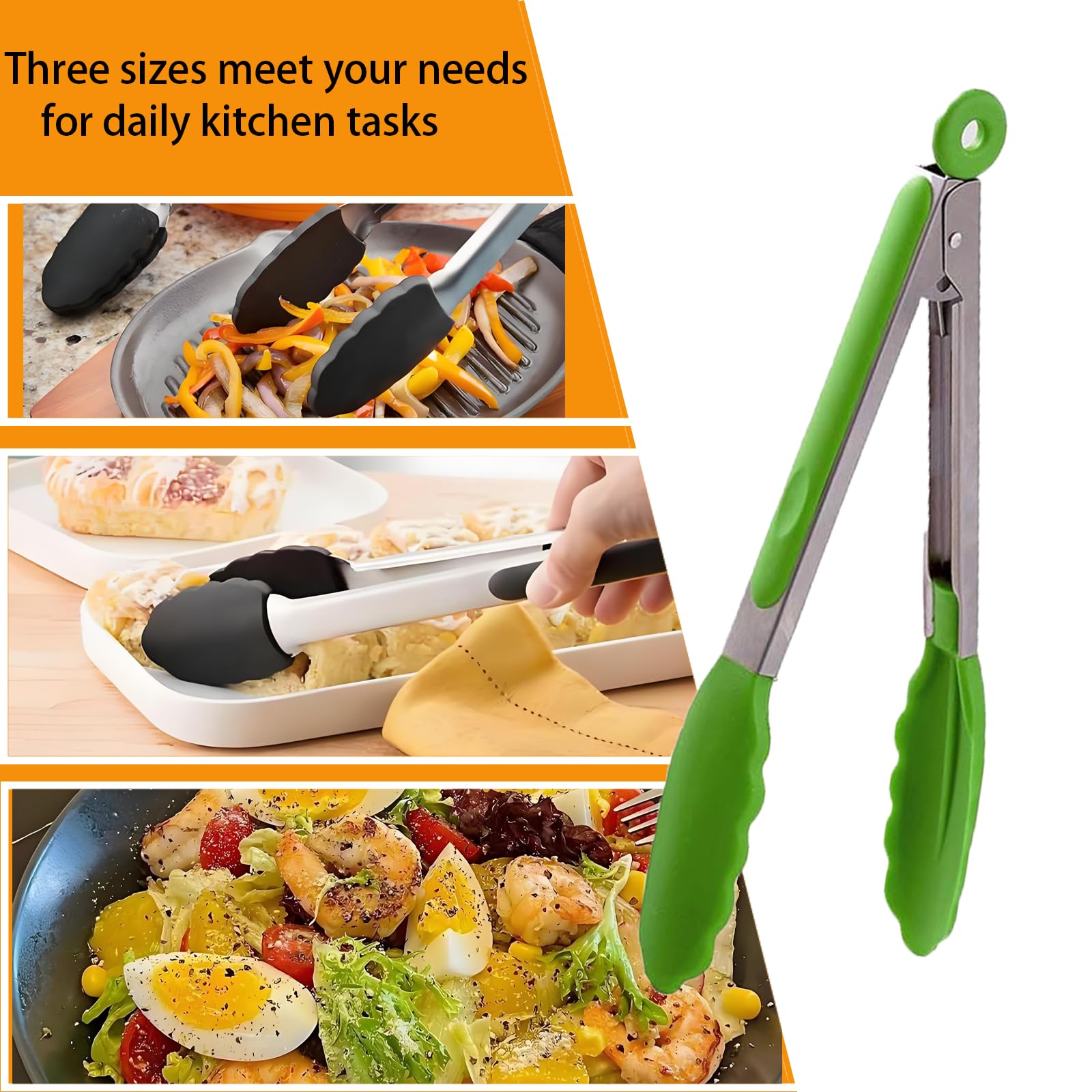 AMZDIAI Kitchen Tongs with Silicone Tips,Tongs for Cooking Heat Resistant 600 Degrees Stainless Steel Locking Tongs,Grass Green Set of 3-7", 9" and 12"