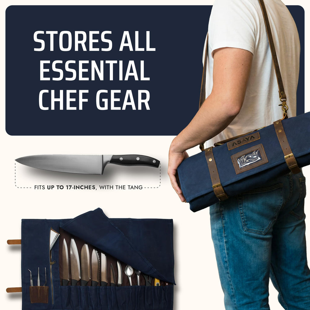 Asaya Waxed Canvas Knife Roll Bag - 15-Slot Chef Knife Bag with Leather Straps, Large Zippered Pocket and Card Holder - Carrying Case for Chefs and Culinary Students – Knives Not Included (Blue)