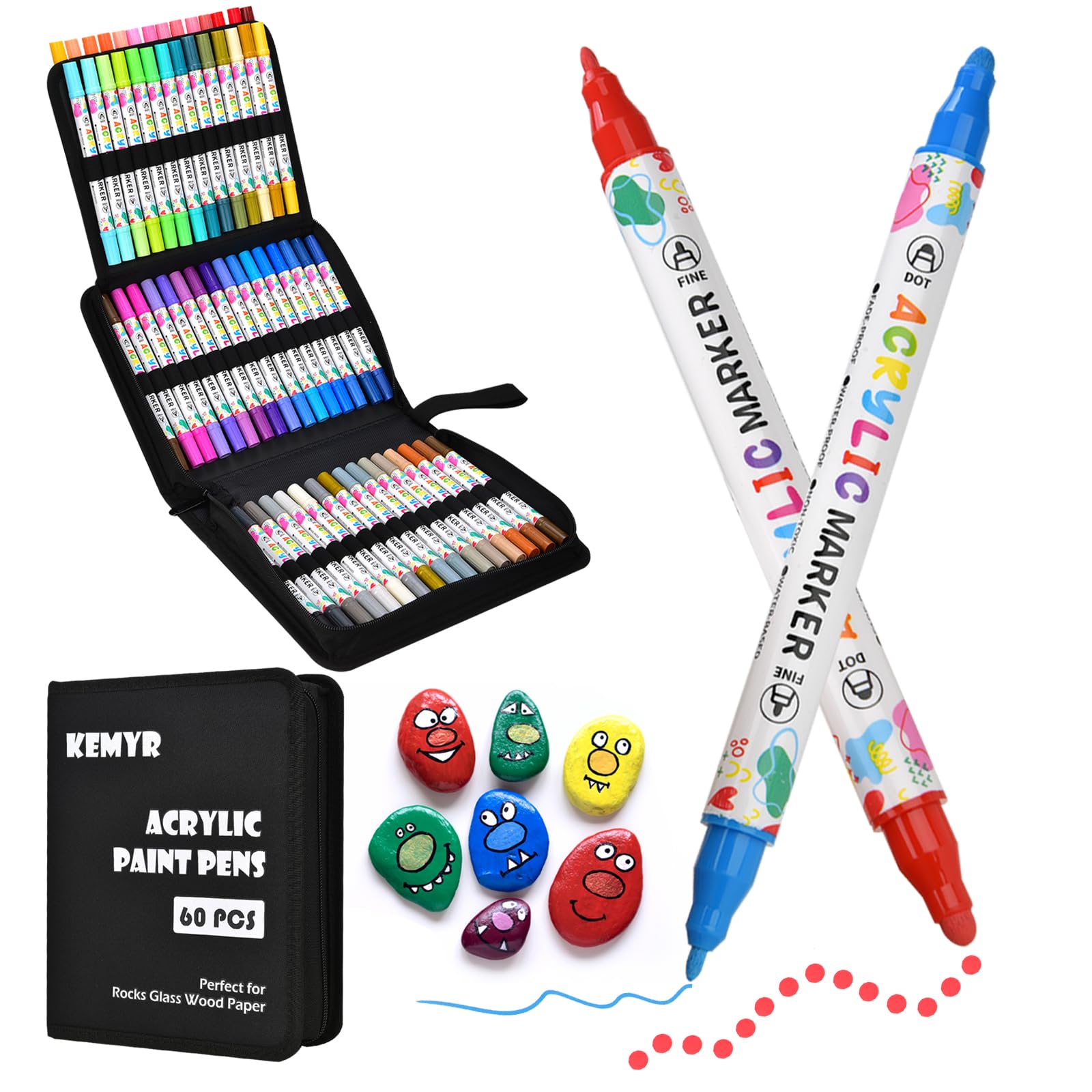 KEMYR 60 Colors Acrylic Paint Pens, Dual Tip Acrylic Paint Markers for Paper, Wood, Canvas, Stone, Rock Painting, Glass, Fabric, DIY, Ceramic, Art Supplies for Adults Drawing (Dot + Fine)