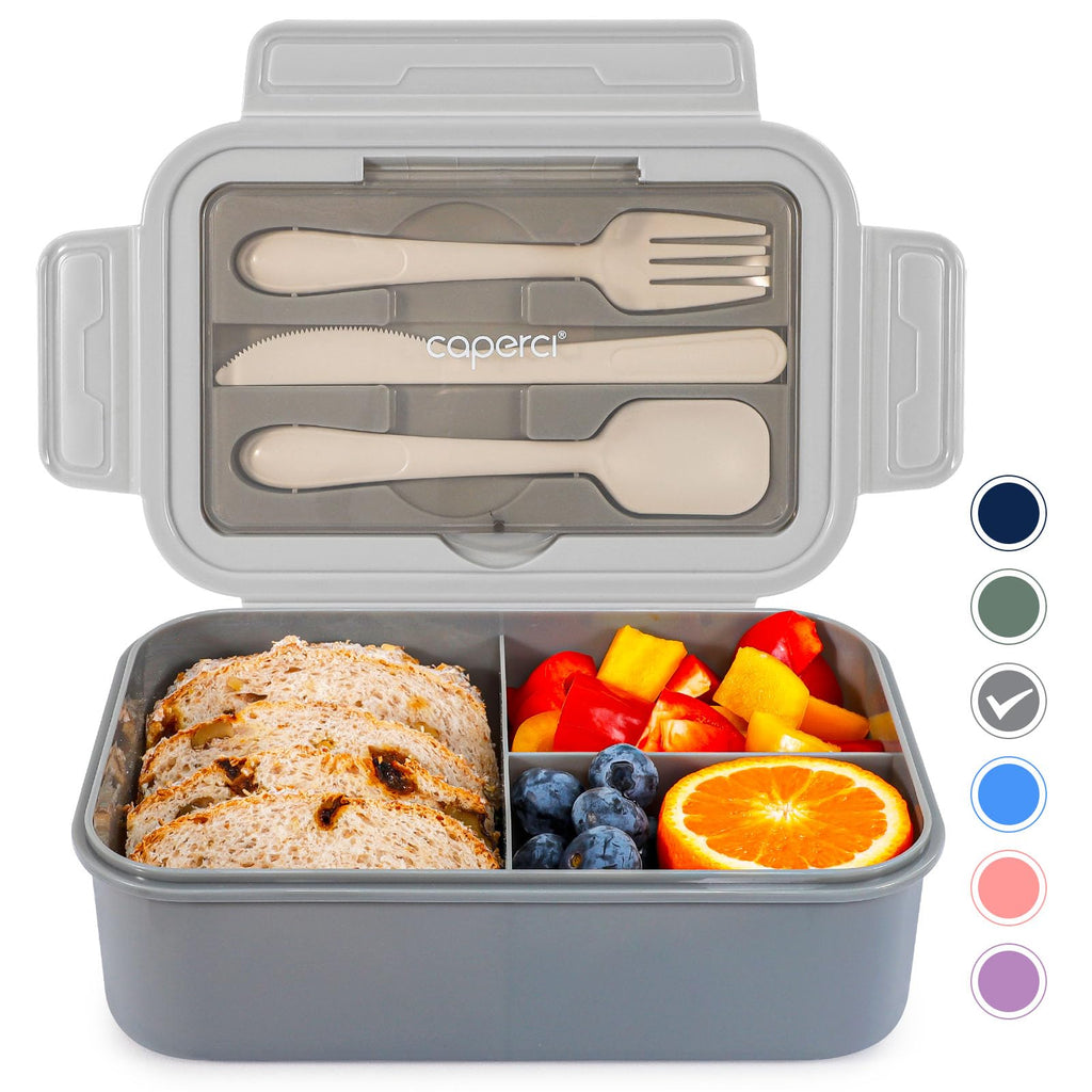 Caperci Classic Bento Box Adult Lunch Box for Older Kids - Leakpoof 47 oz 3-Compartment Lunch Containers for Adults and Teens, Built-in Utensil Set, Ideal for On-the-Go Balanced Eating, Gray