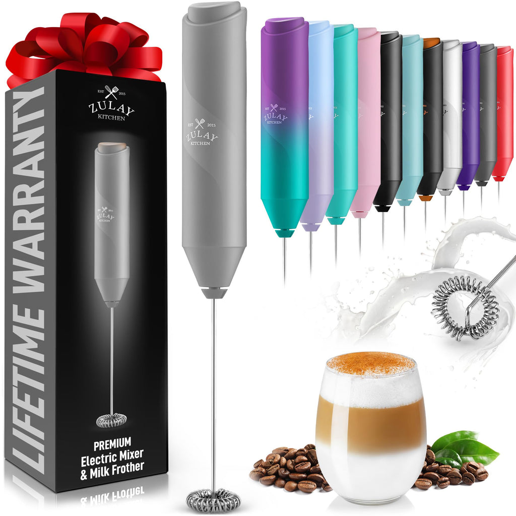 Zulay Kitchen Powerful Milk Frother Wand - Handheld Stainless Steel - Battery Operated Drink Mixer for Coffee, Lattes, Cappuccino, Matcha - Froth Mate Frother Gift - Classic Gray