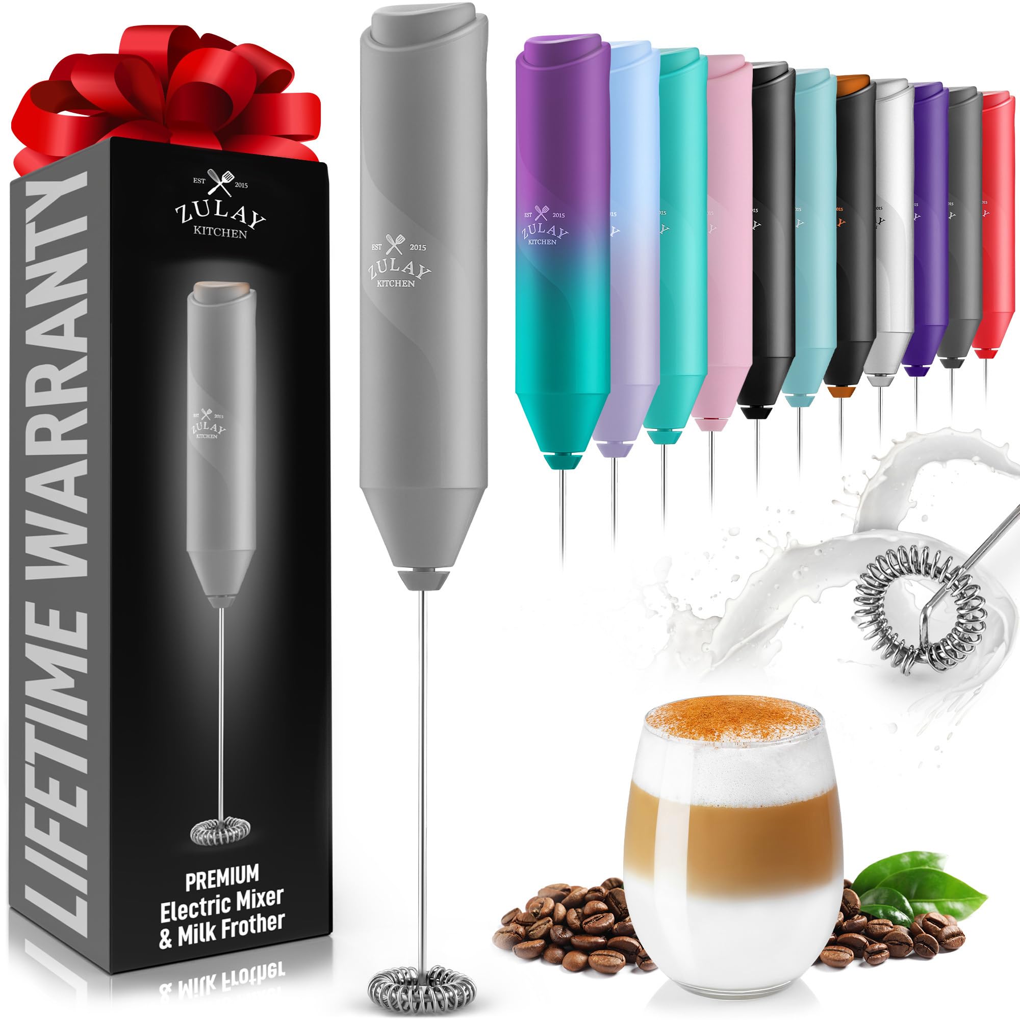 Zulay Kitchen Powerful Milk Frother Wand - Handheld Stainless Steel - Battery Operated Drink Mixer for Coffee, Lattes, Cappuccino, Matcha - Froth Mate Frother Gift - Classic Gray