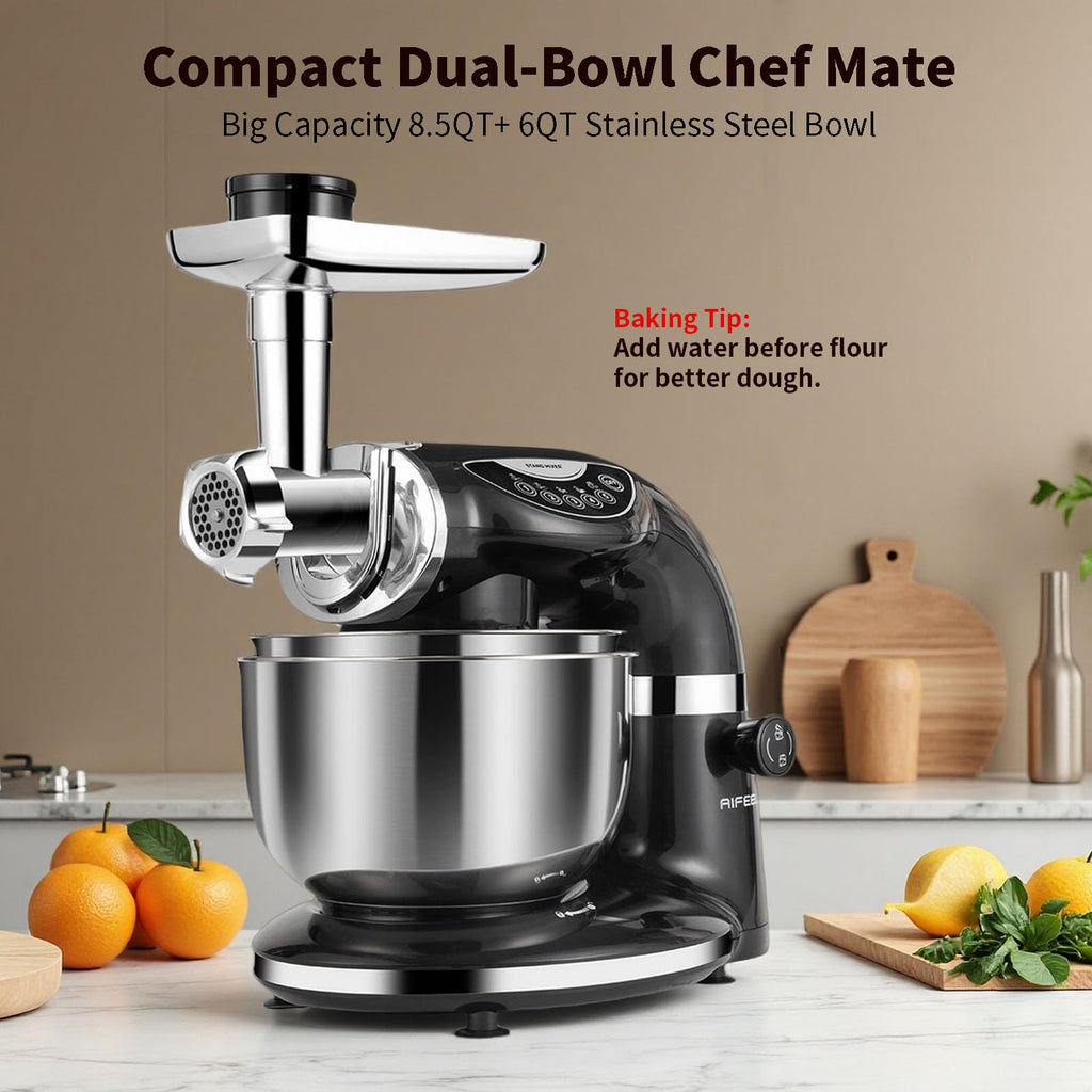 Stand Mixer, 8.5QT+ 6QT Two Stainless Steel Bowls Electric Food Mixer Black