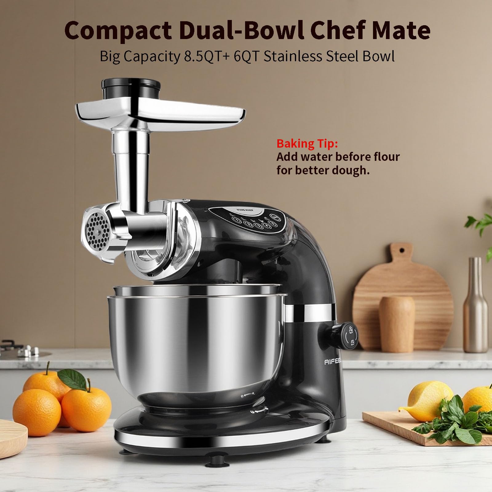 Stand Mixer, 8.5QT+ 6QT Two Stainless Steel Bowls Electric Food Mixer Black