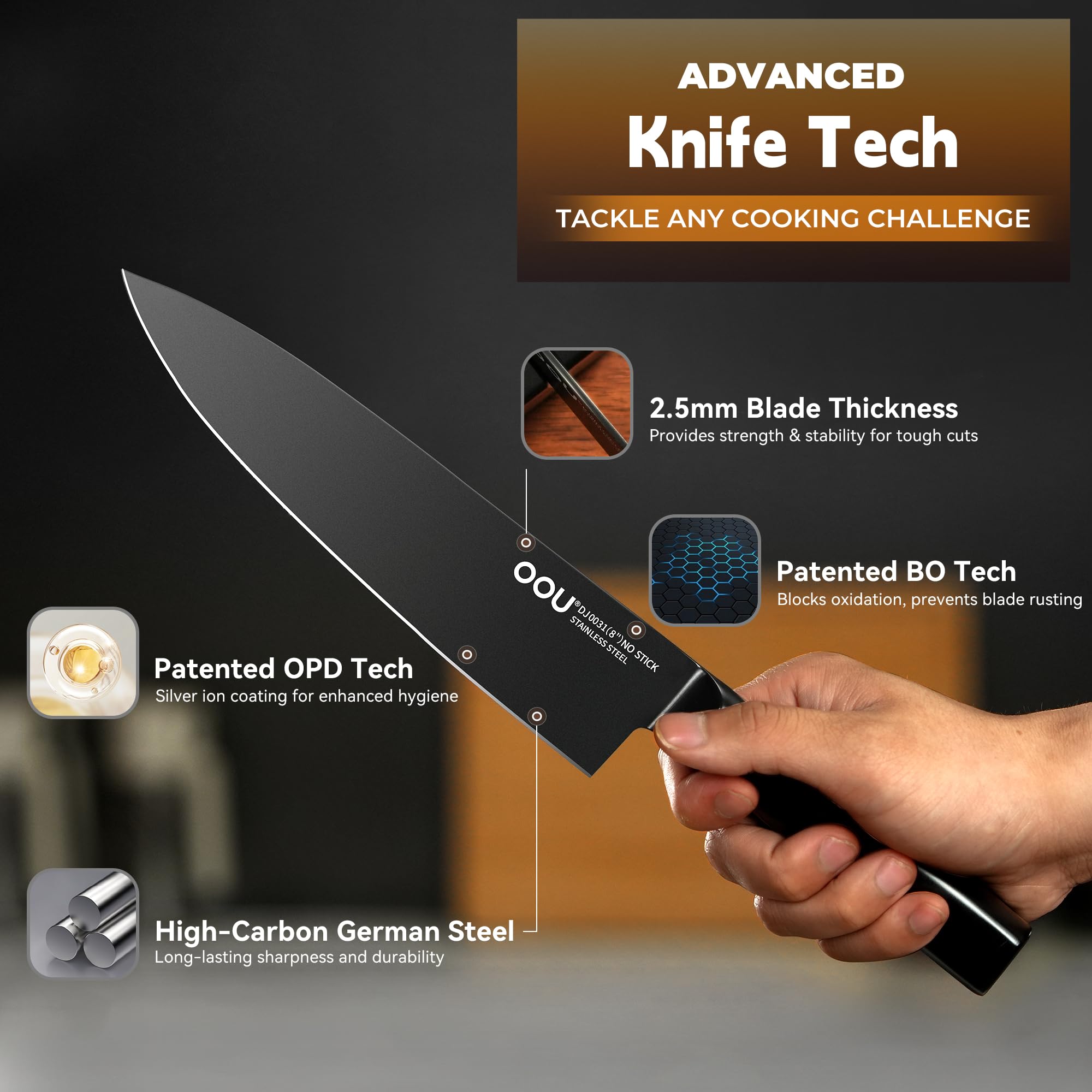 OOU Kitchen Knife Block Set - 15 Pieces High Carbon Stainless Steel Knife Block Set with Built-in Sharpening Blocks, Black
