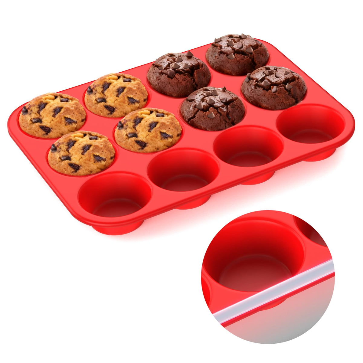 Samuelworld Silicone Muffin Pan for Baking: 24 Cup Muffin Pan with Metal Reinforced Frame, Regular Size Cupcake Egg Bites Molds for Baking, BPA Free Silicone Muffin Tray, 2 Pack, Red (With Scooper)