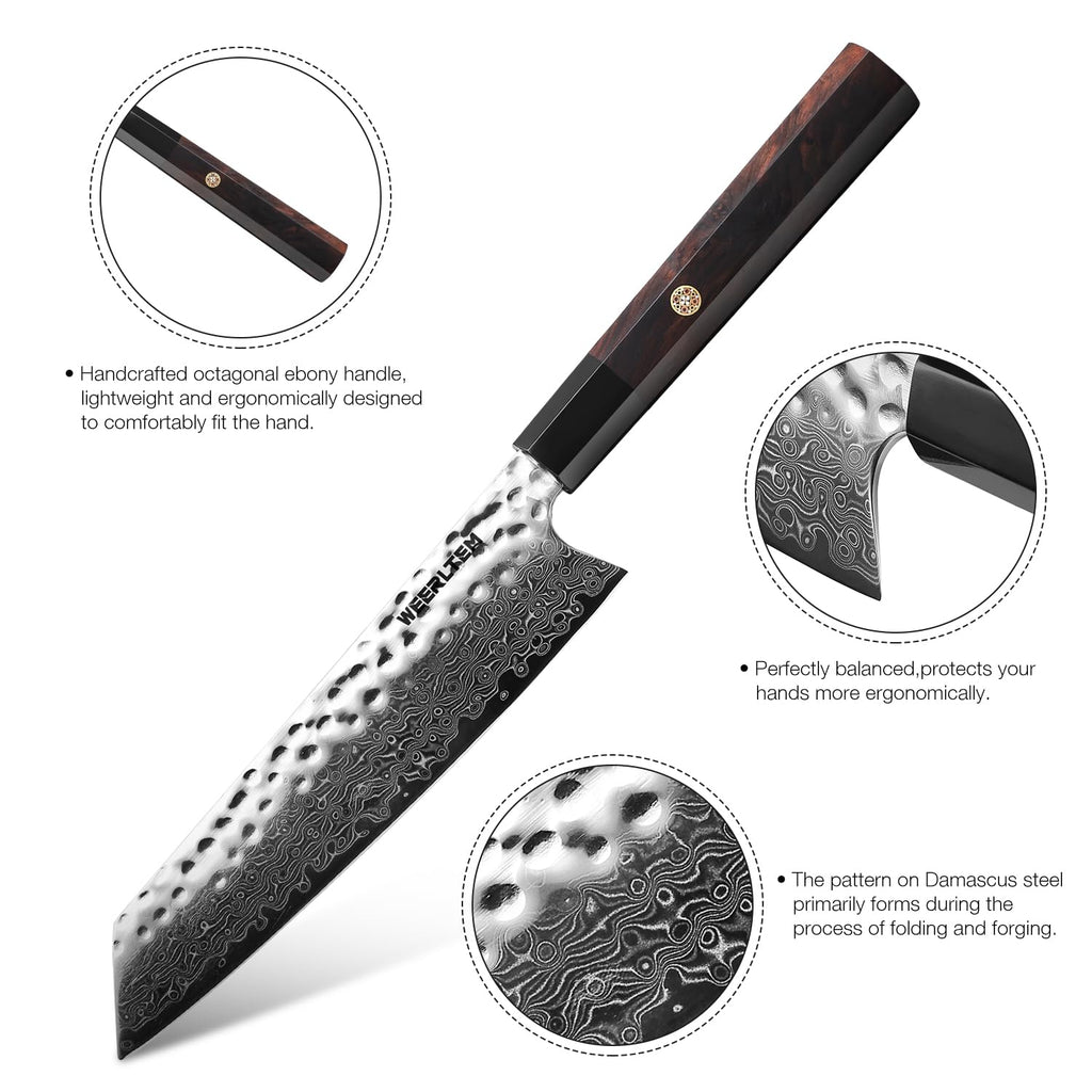 WEERLTEM Kiritsuke Chef Knife 8 Inch, Hand-forged 67-Layer VG10 High Carbon Steel Japanese Damascus Chef Knife, Ultra Sharp Hammered Damascus Chef Knife with Octagonal Ebony Handle & Gift Box