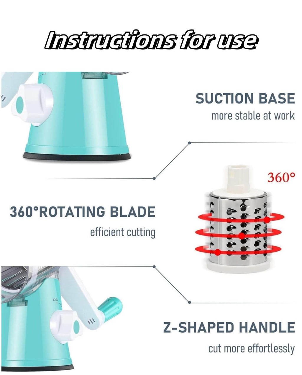 Rotary Cheese Grater Hand Crank, Grater For Kitchen With Reinforced Suction - Rotary Cheese Grater With 3 Replaceable Stainless Steel Blades - Easy to Use & Clean - Vegetable Cutter (White)