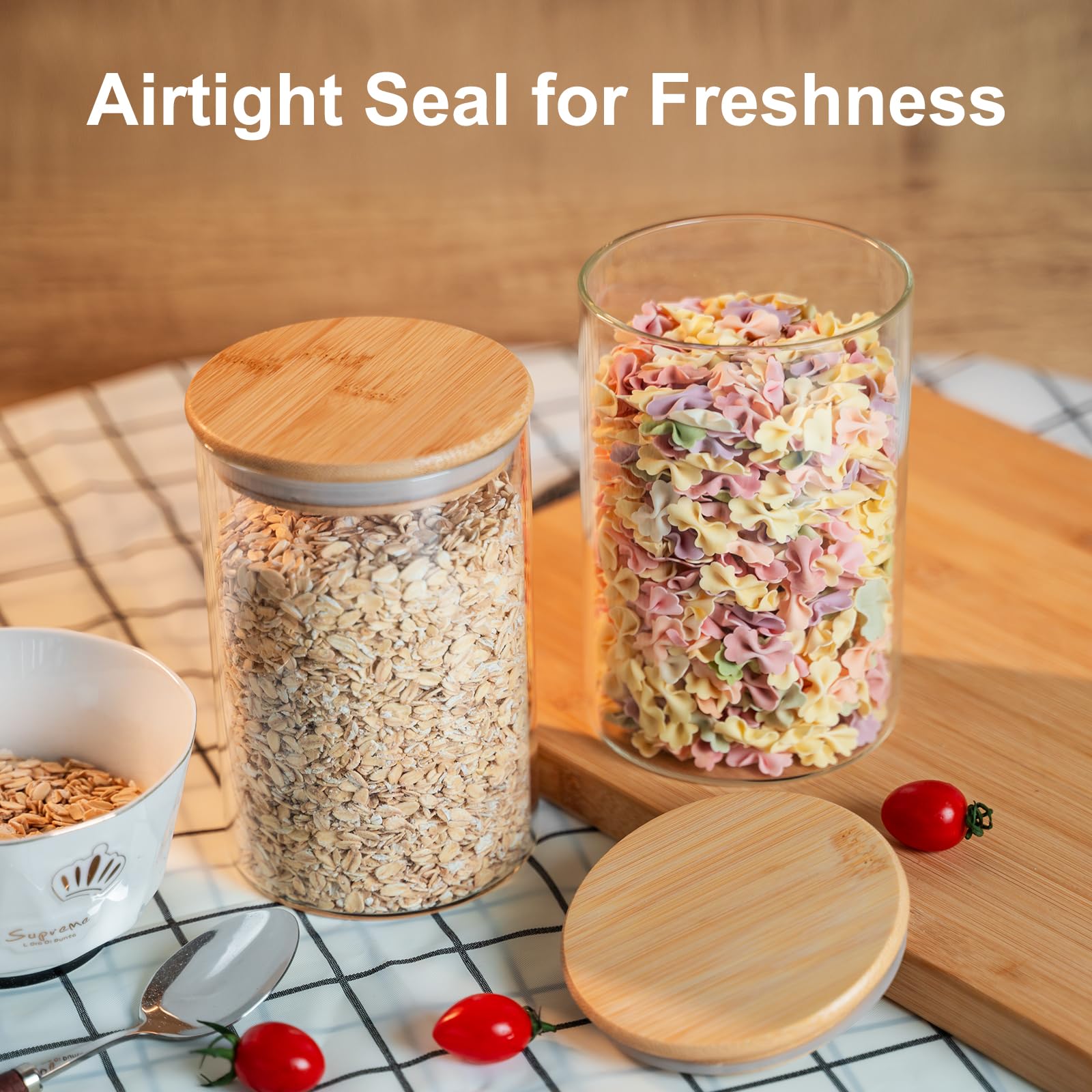 Liuruiyu Glass Food Storage Jars 6-Pack 37oz - 4x6 in-Clear Glass Food Canisters with Bamboo Lid Airtight For Serving Tea, Coffee, Flour, Sugar, Candy, Cookie, Spice and More (Circular)