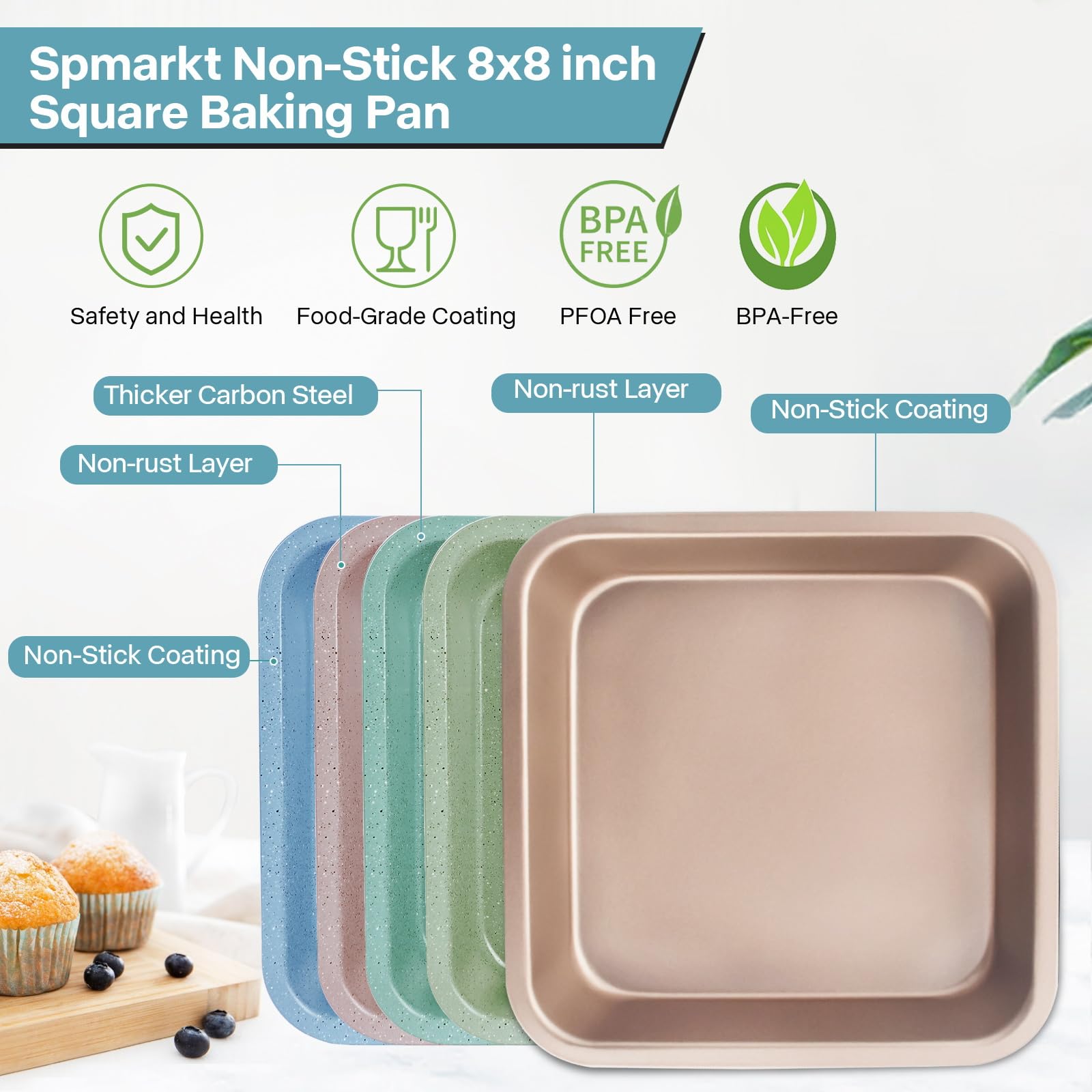 Spmarkt 2-Pack 8 Inch Square Baking Pan, Carbon Steel Nonstick Brownie Pan 8x8, BPA Free Stackable Square Cake Pan, Oven & Air Fryer Safe, Easy to Clean — Gold