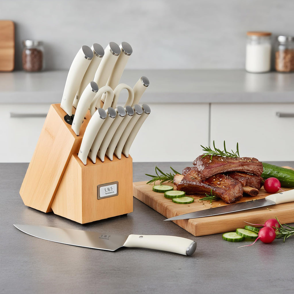 WANGMAZI 15-Pcs Knife Block Set, High Carbon Steel