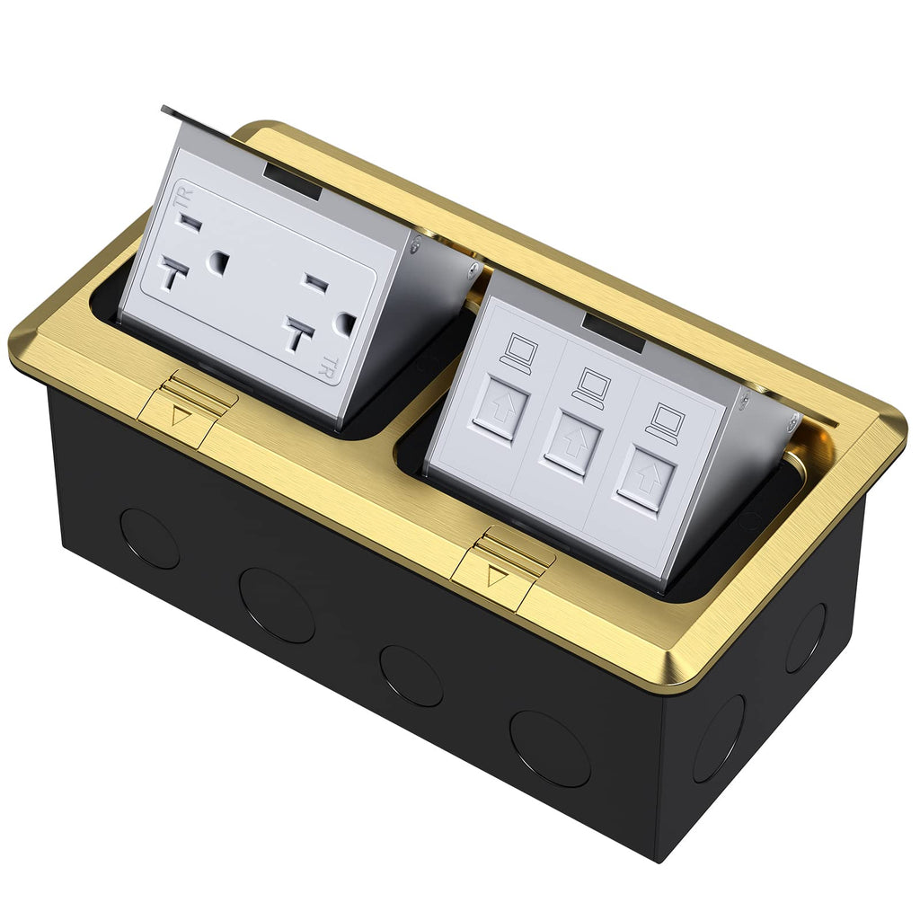 KYHSHJ Dual Pop-Up Floor Electrical Outlet Box Kit，20 Amp Stainless Steel GFCI TR Receptacle Outlet，3-Port RJ45 Datacom Receptacle， Black