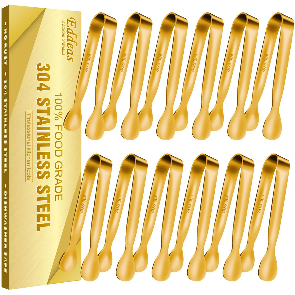 12PCS Mini Tongs For Serving, 2 Sizes 6 & 4 Inch Ice Tongs Mini Gold Sugar Stainless Steel Tong, Small Kitchen Tiny Food Tongs for Appetizers,Tea Party, Coffee Bar,Desserts & Ice Bucket