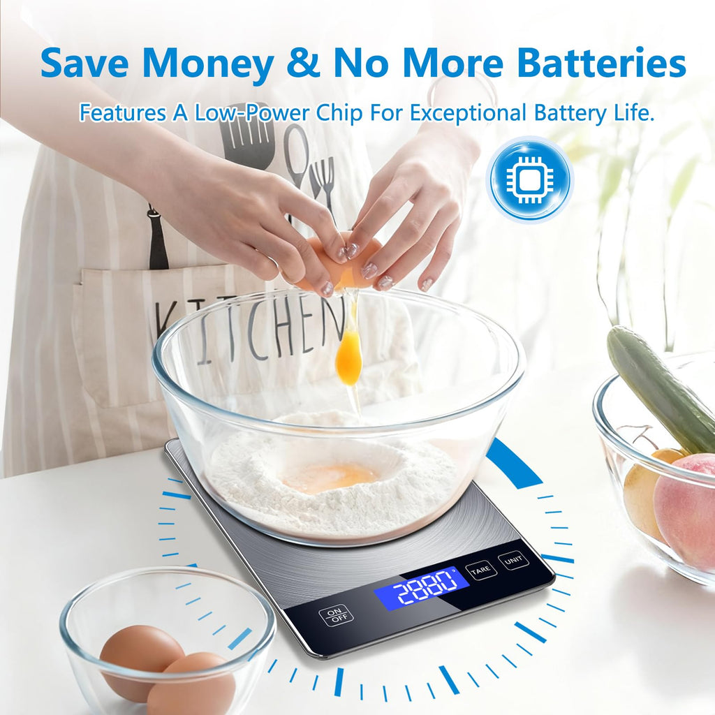 Food Kitchen Scale, Digital Food Scale 33lb Digital Kitchen Scale Precisely Measures Grams and Ounces for Meal Prep Baking and Cooking, Rechargeable 304 Stainless Steel Kitchen Scale LCD Display