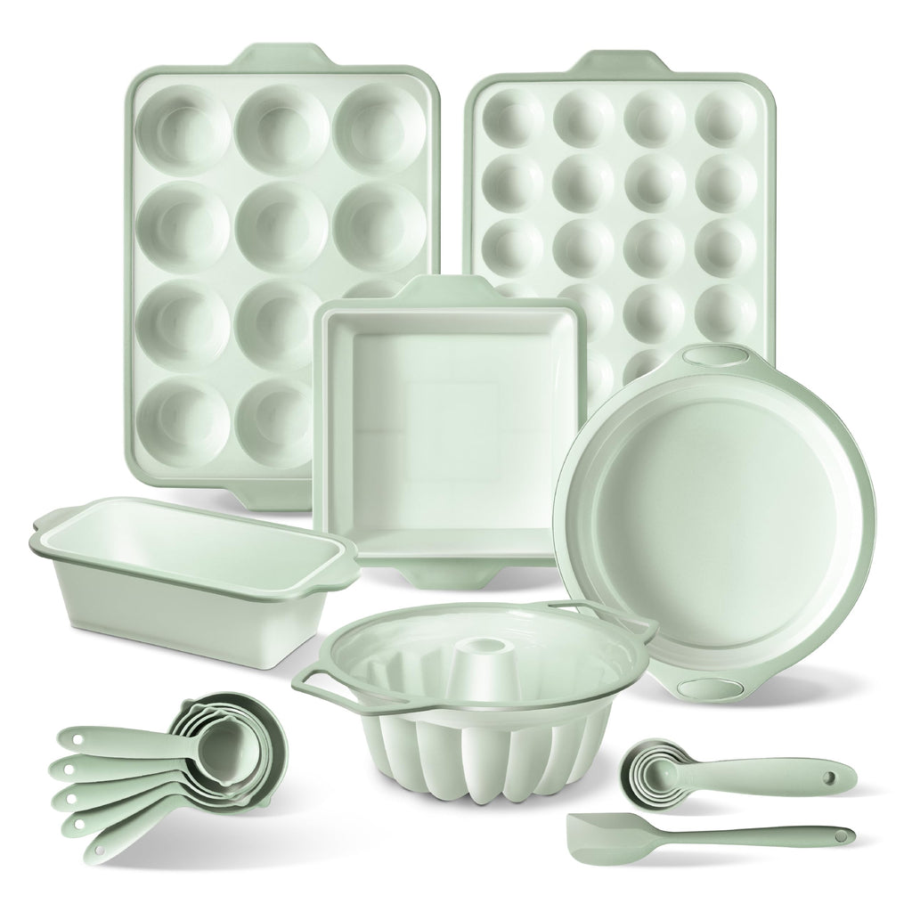 COOK WITH COLOR 17 Pc. Silicone Baking Pan Set - Non-Stick & Easy Clean Silicone Muffin Pans for Baking with Sturdy Metal Frame for Stability, Flexible Cake Molds, Includes Measuring Cups and Spoons