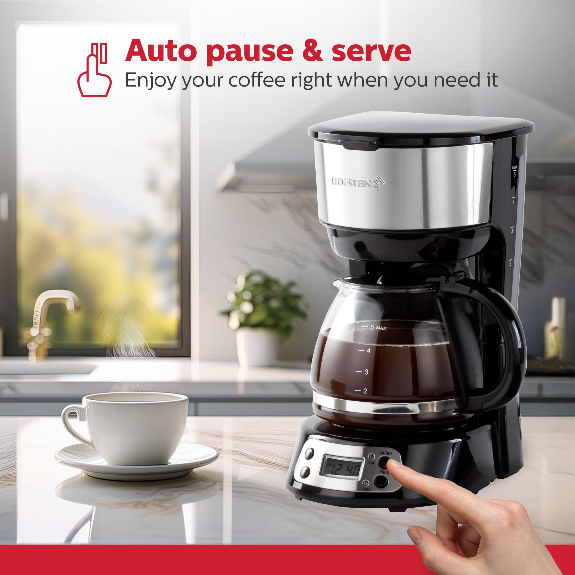 Holstein Housewares 5-Cup Programmable Coffee Maker, 25oz Drip Coffee Machine with Auto Brew Timer, Pause & Serve, Compact Design – Perfect for Home, Office & Dorm Use, Black