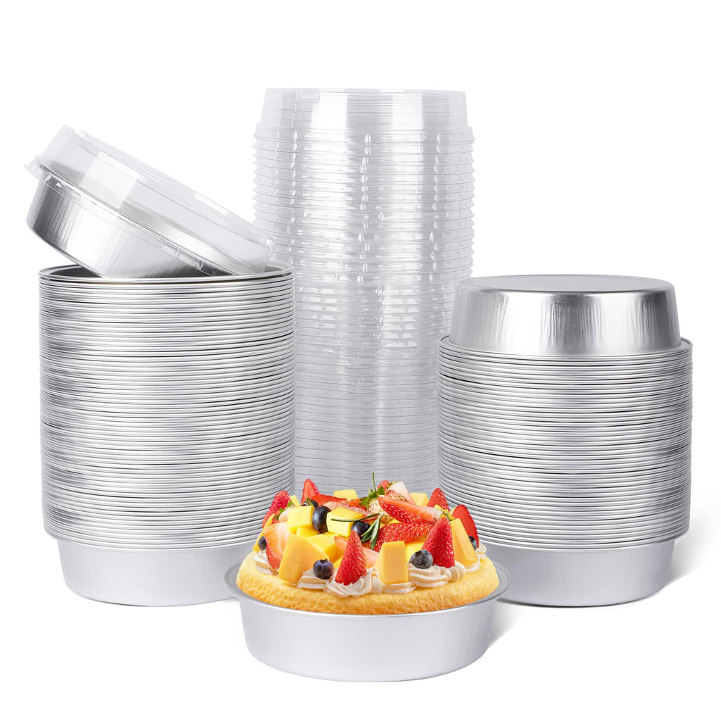 Beasea Mini Pie Pans with Lids, 120 Pack 4 Inch 8oz Disposable Mini Cake Pans Creme Brulee Aluminum Foil Pie Tart Ramekins Tins Silver Small Individual Round Containers Oven Safe for Baking