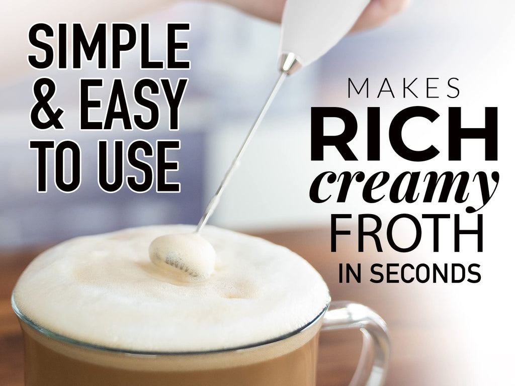 Zulay Premium Gift Milk Frother Set – Handheld Coffee Frother with Stand, 12oz/350ml Frothing Pitcher + 4 Latte Art Stencils – 13,000 RPM Motor, SS Whisk, Battery Operated – Barista Kit (White)