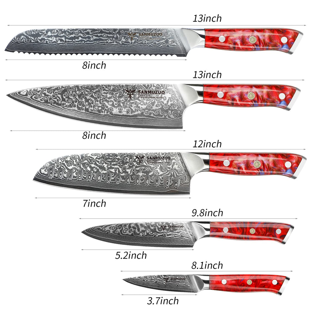 SANMUZUO Chef Cooking Knives Set- Kitchen Knife Set of 5 Piece - Ultra-Sharp VG10 Damascus Steel & Resin Handle - Xuan Series (Sunset Red)