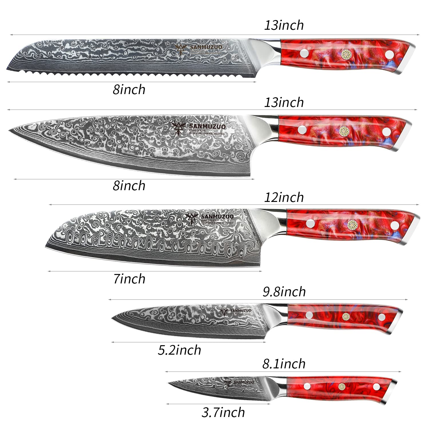 SANMUZUO Chef Cooking Knives Set- Kitchen Knife Set of 5 Piece - Ultra-Sharp VG10 Damascus Steel & Resin Handle - Xuan Series (Sunset Red)