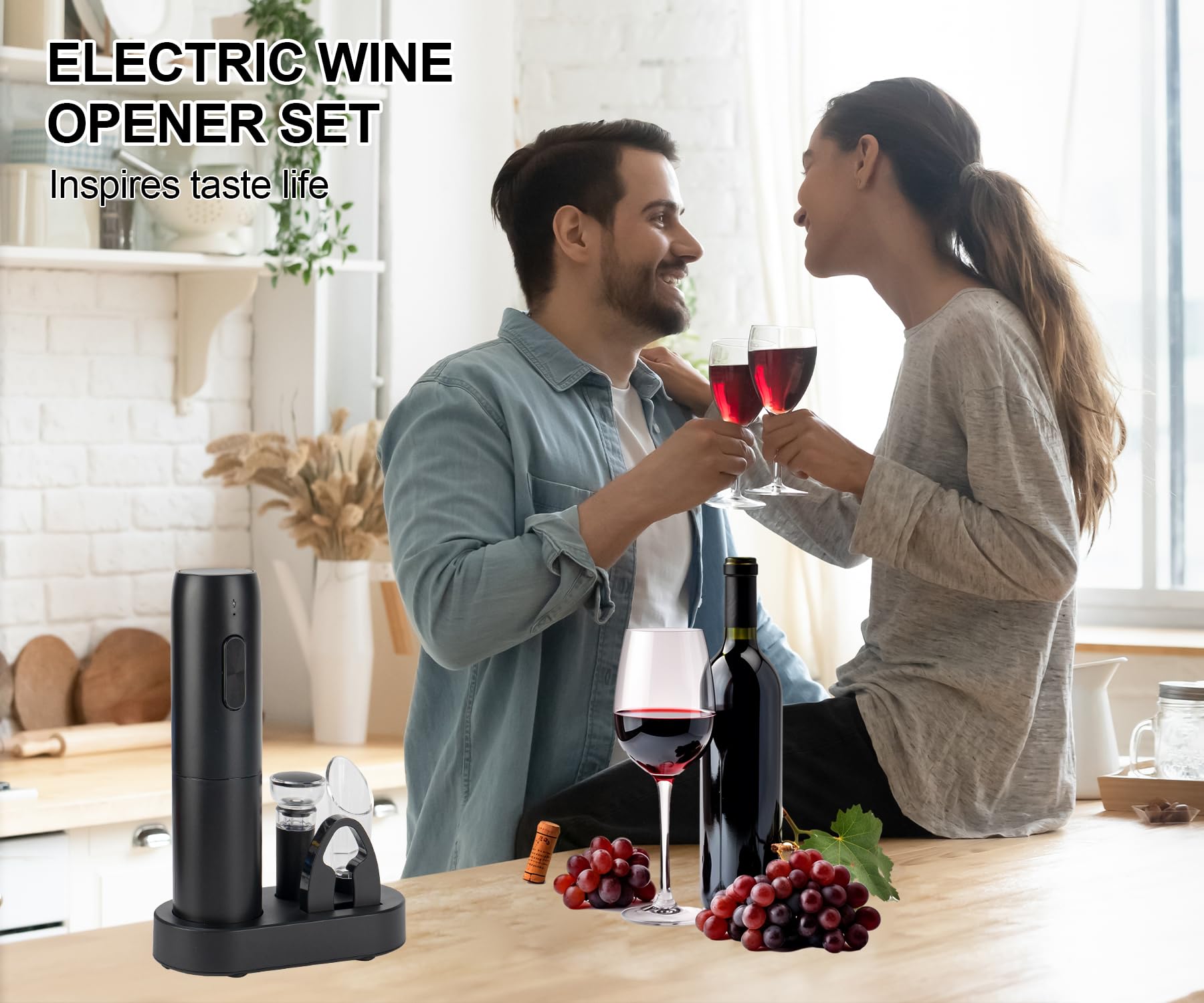 Electric Wine Opener Set with Charging Base, Rechargeable Automatic Corkscrew Bottle Opener with Pour, Preserver Vacuum Stopper, Foil Cutter, USB Charging Cable