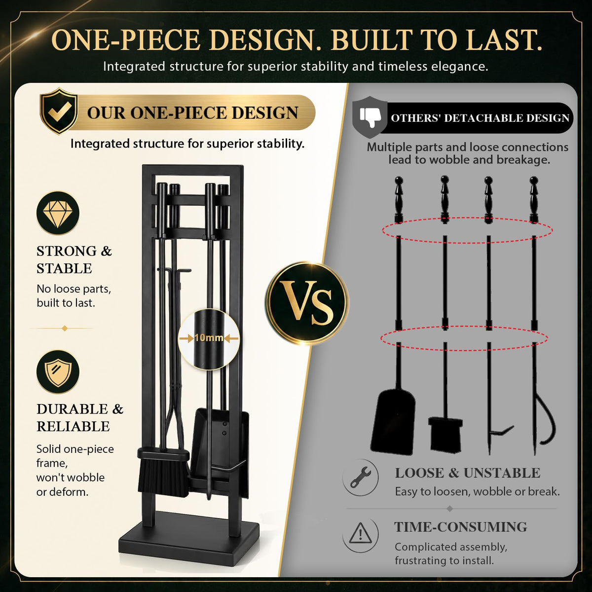 FEED GARDEN 5-Piece Fireplace Tool Set, 30" One-Piece Stand, Wrought Iron