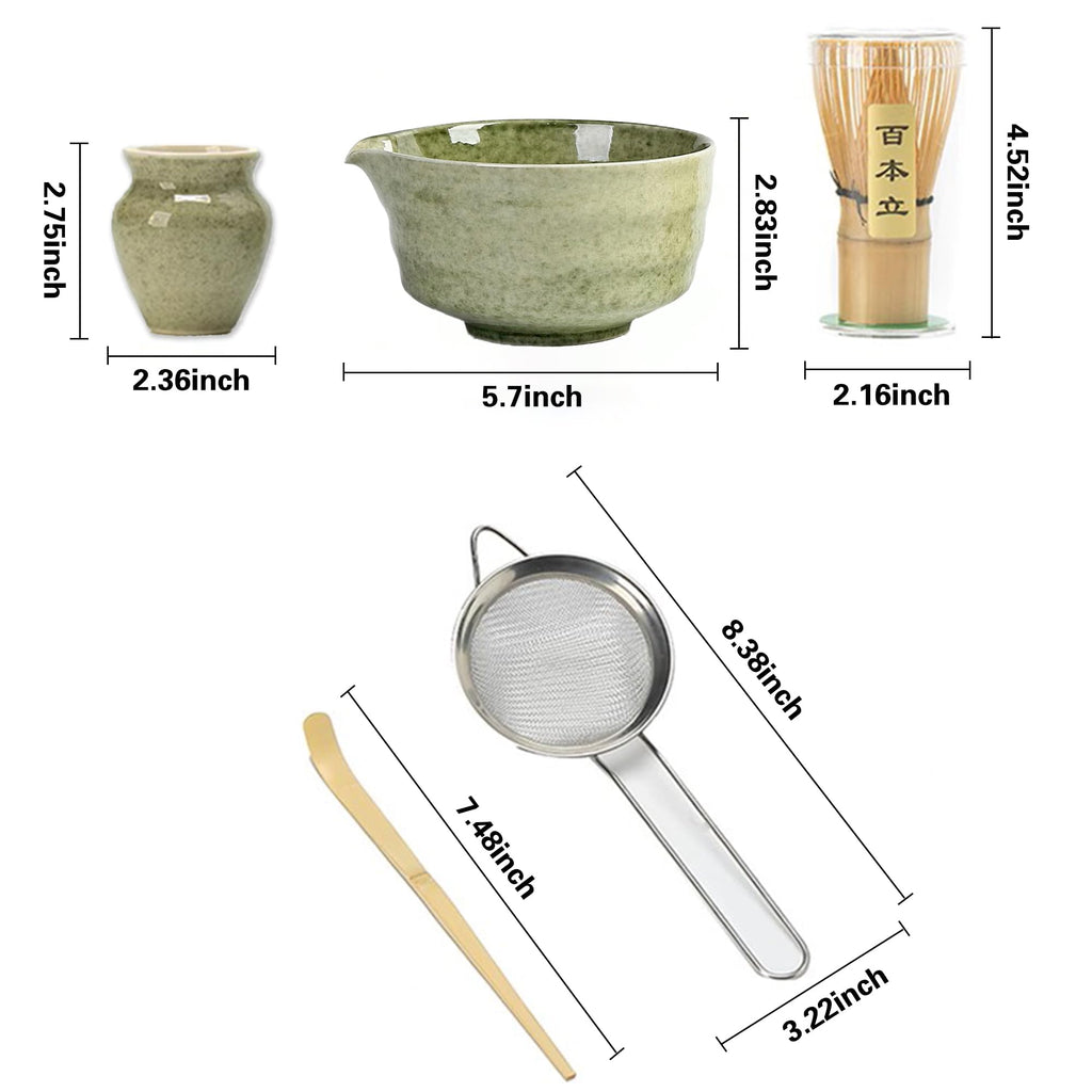 Matcha Whisk Set, Matcha Bowl with Spout, Matcha Whisk and Holder, Bamboo Matcha Scoop and Stainless Steel Sifter - 5 Pcs Mottled Green Kit Gift for Birthday Christmas