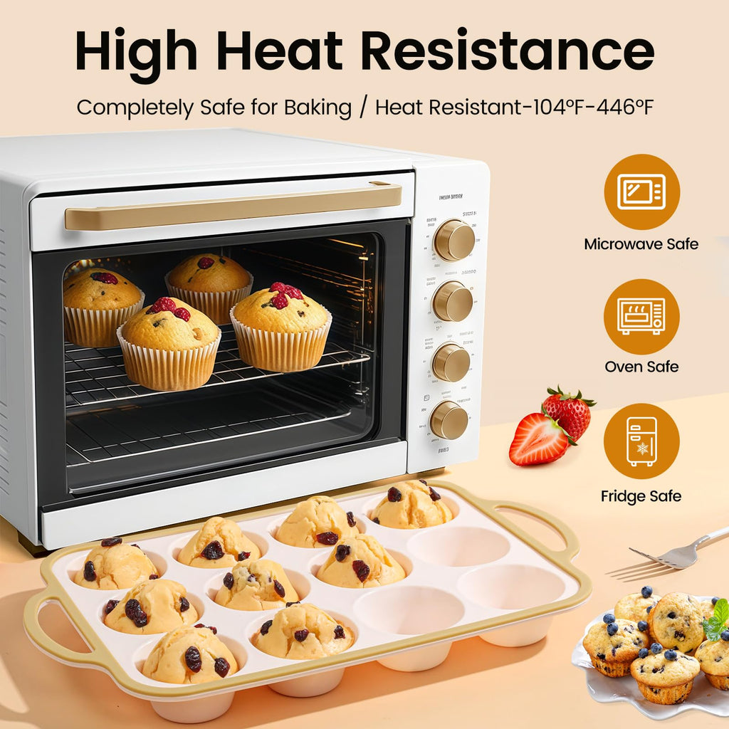 Fimary Silicone Muffin Pans for Baking 2 Pack, 2.6 Inch with Metal Reinforced Frame, Regular Size Nonstick Cupcake Pan 12 Cups for Baking Homemade Muffins, Dishwasher Safe BPA Free-Light Yellow