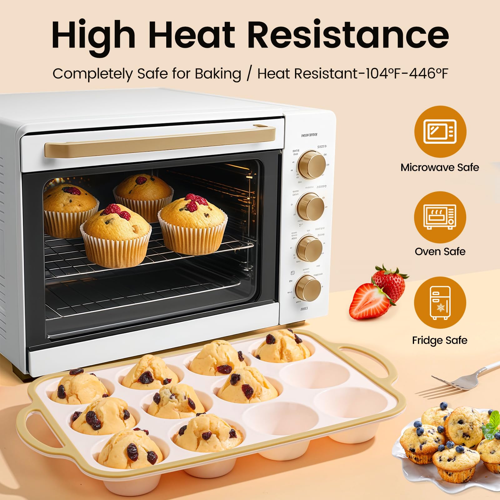 Fimary Silicone Muffin Pans for Baking 2 Pack, 2.6 Inch with Metal Reinforced Frame, Regular Size Nonstick Cupcake Pan 12 Cups for Baking Homemade Muffins, Dishwasher Safe BPA Free-Light Yellow