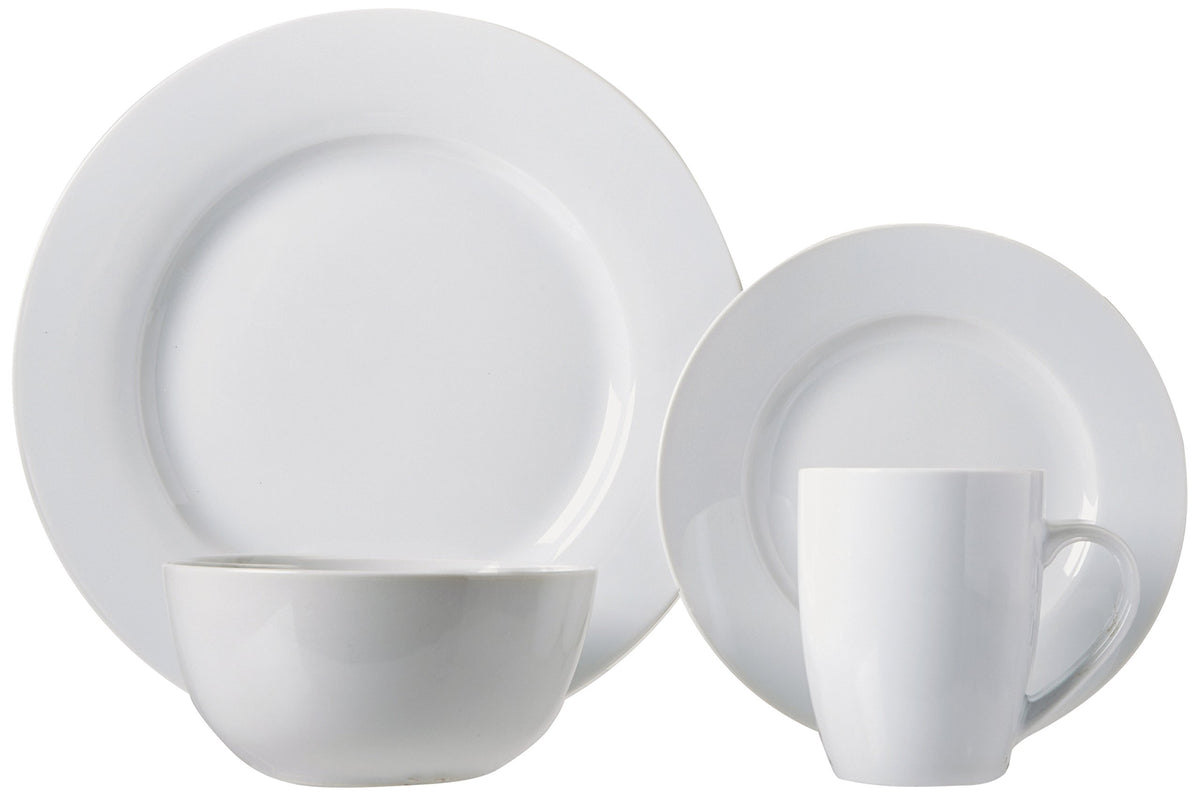 Amazon Basics 16-Piece Porcelain Dinnerware Set, Microwave and Dishwasher Safe, Service for 4, Plates, Bowls and Mugs, White