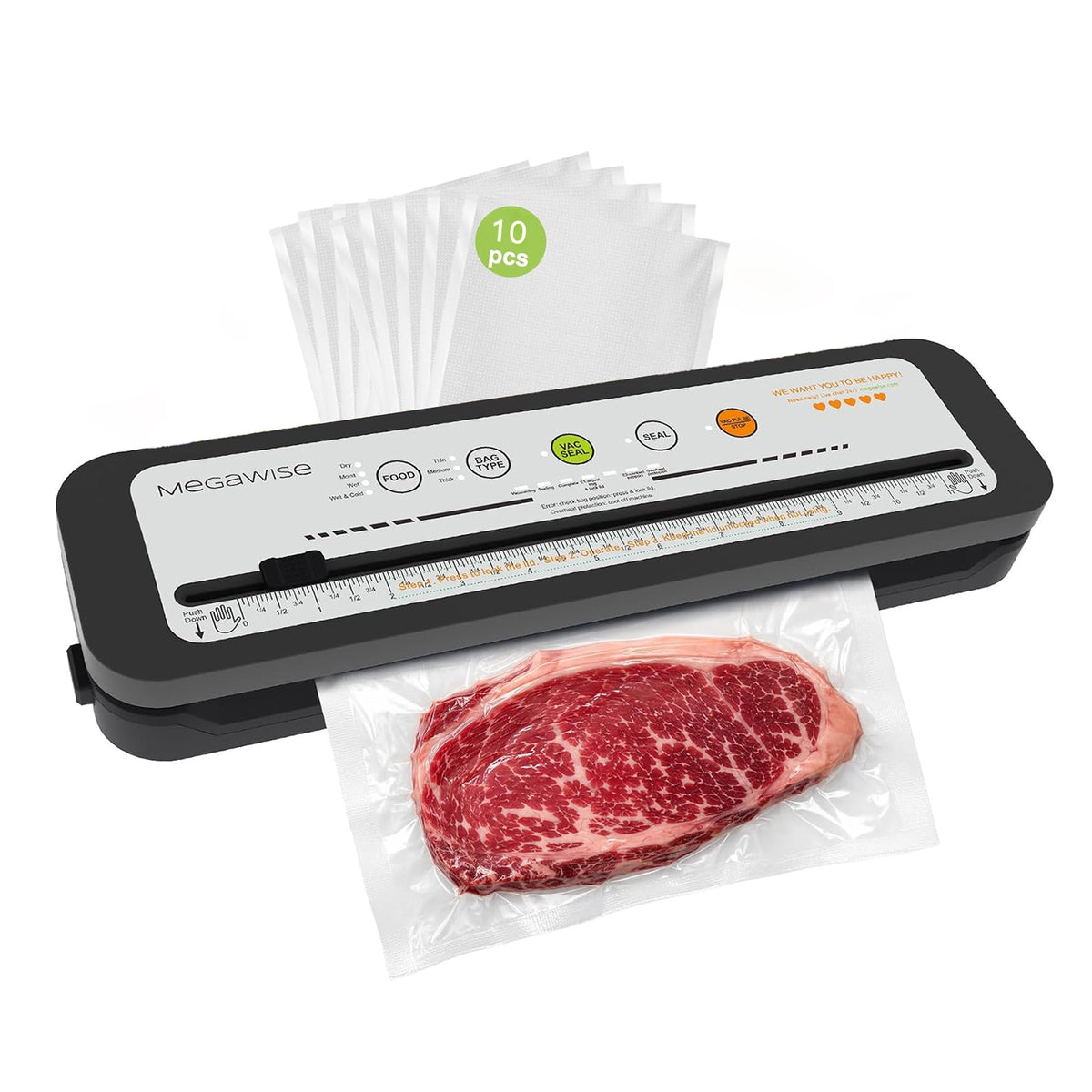 MegaWise Vacuum Sealer Machine, 80kPa Powerful Suction, One-Touch Automatic Food Sealer with Built-in Cutter & Bags Included, Dry Moist Modes for All Saving needs